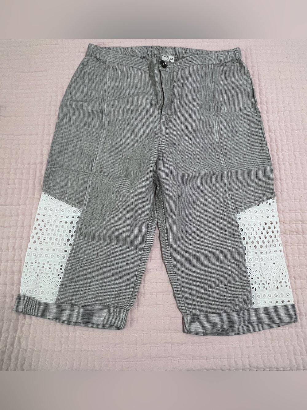 XCVI Pinstripe Bermuda Shorts with White Eyelet Insets Linen Small